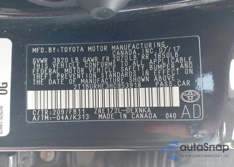 2017 Toyota Corolla Le из США, поврежденный, VIN 2T1BURHE3HC953918